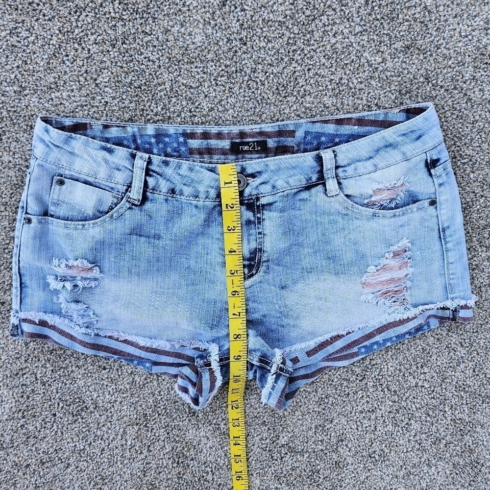 Patriotic Distressed Blue Denim American Flag Shorty Short Shorts Rue 21 Size 14 - Picture 9 of 13